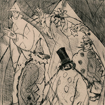 abstract black and white drawing of 5 clown figures